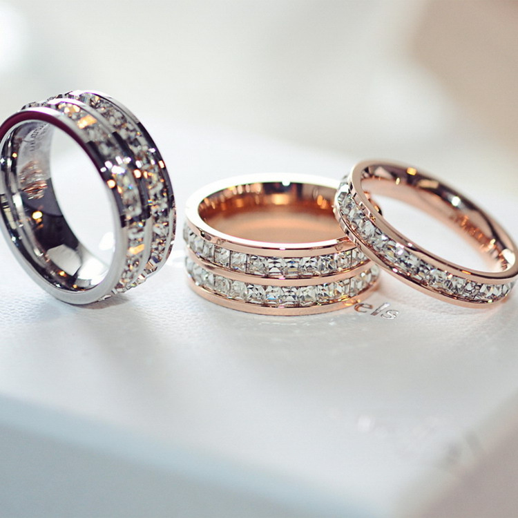 韩版新款双排镶钻钛钢戒指女日韩时尚个性简约食指戒尾戒指环饰品