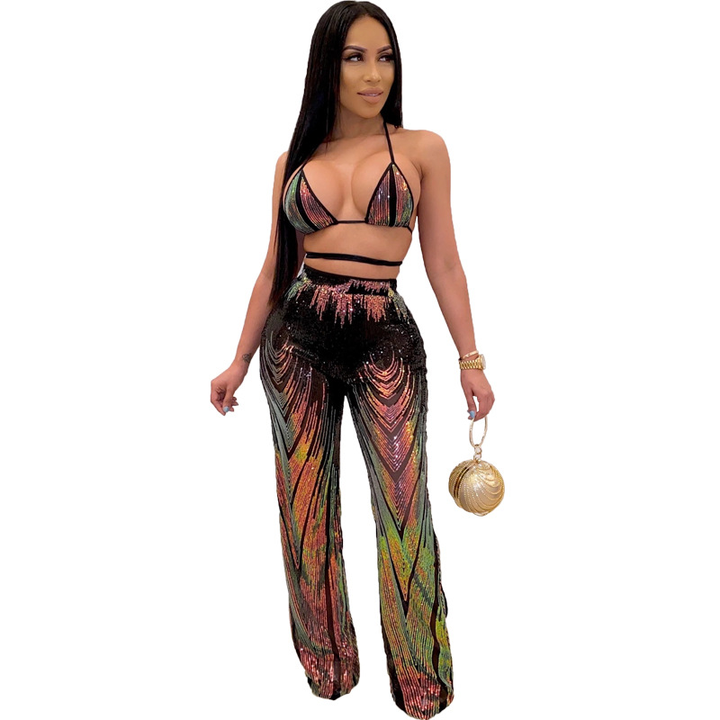 Sequins Wrapped Chest Top & Trousers Set NSCYF80345