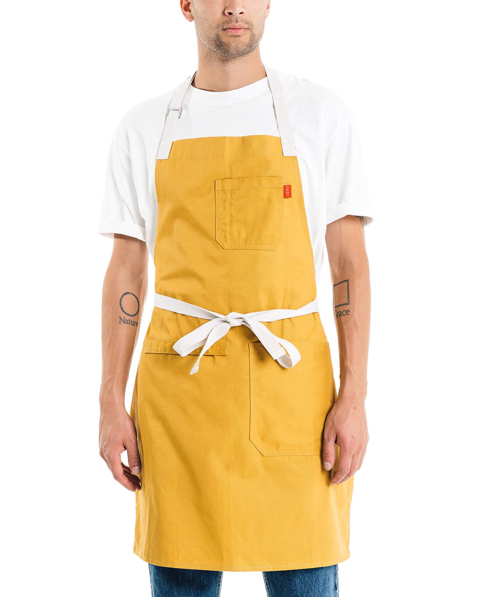 廠家批發(fā)廚房圍裙耐污可調節(jié)頸帶圍裙 帶掛環(huán)黃色圍裙