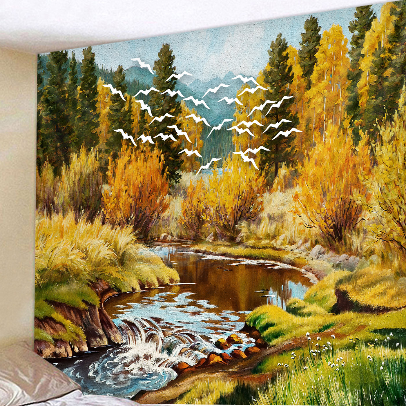 跨境电商批发  数码印花风景油画挂毯墙面装饰背景布挂布卧室壁挂