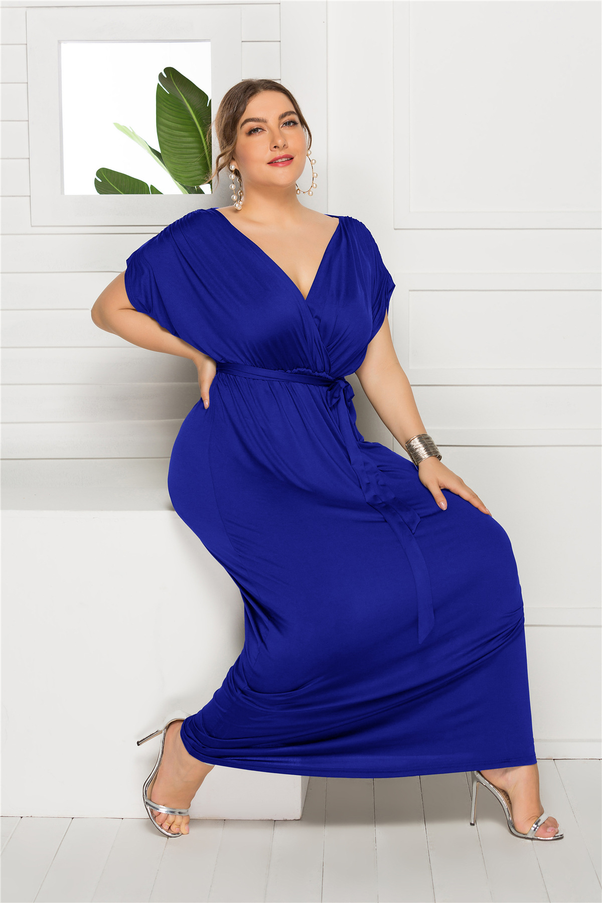 plus size new sexy solid color V-neck loose big dress NSLM30324