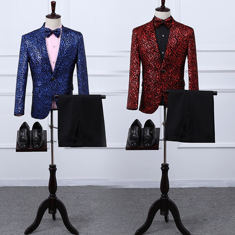 Male blue red leopard jazz dance sequins suit singers host stage dress suit and pants photos shooting nightclub performances coats and trousers groomsman dress suits