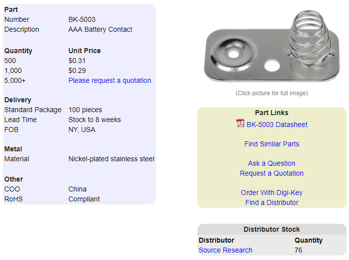 MPD(Memory Protection Devices)BK-5003 AAA7号正负极电池接触片