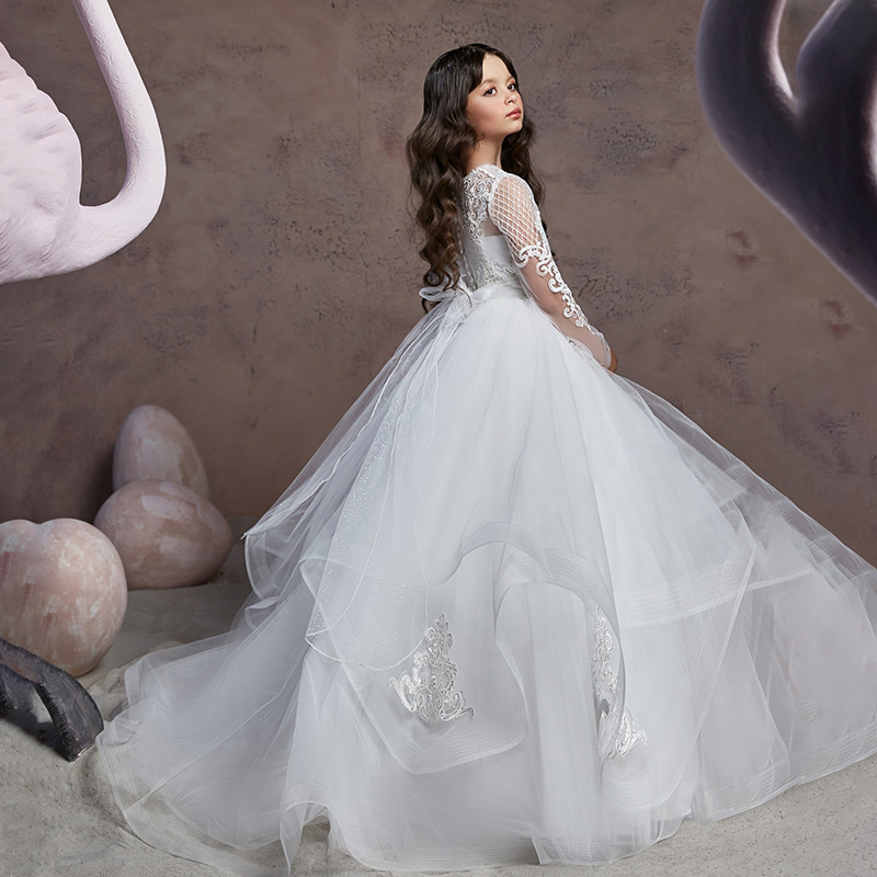 Comercio exterior nuevo transfronterizo europeo y americano vestido de novia de los niños encaje manga larga cuello redondo de los niños pasarela show anfitrión rendimiento pettiskirt