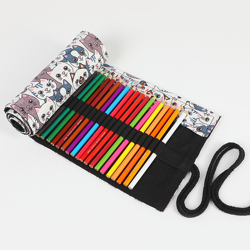 Big head cat print canvas pen curtain 12 24 36 48 72 holes large capacity pencil bag color lead sketch stationery bag