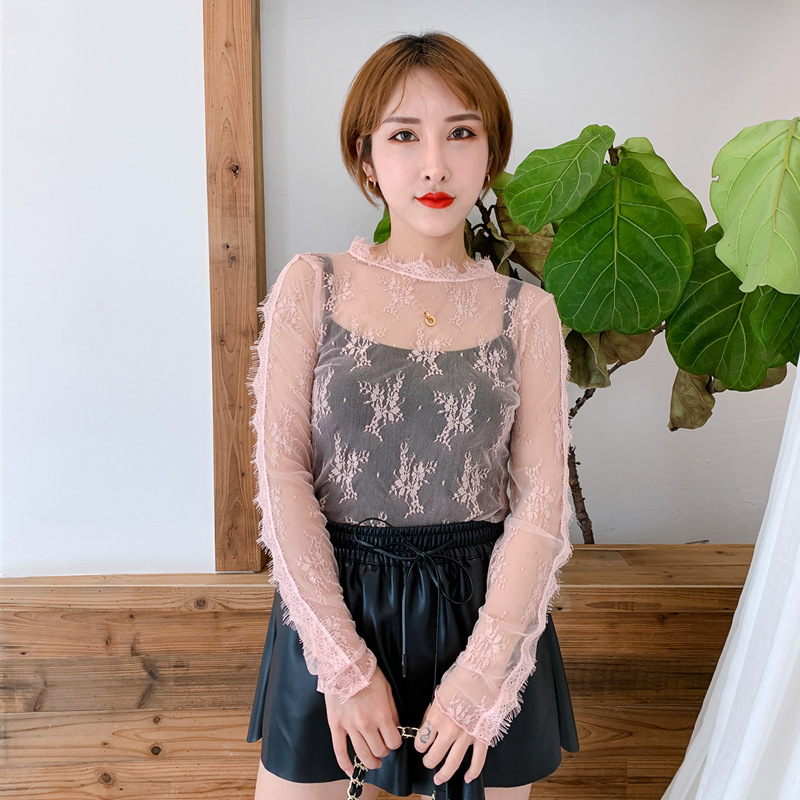 New Korean Style Small Shirt Lace Shirt Spring Autumn and Winter New Top Long Sleeve Transparent Mesh Inner Base Shirt Women's Blouse