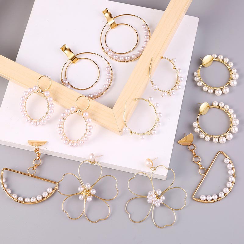 New Geometric Round Handmade Pearl Earrings Korean Hoop Jewelrypicture3
