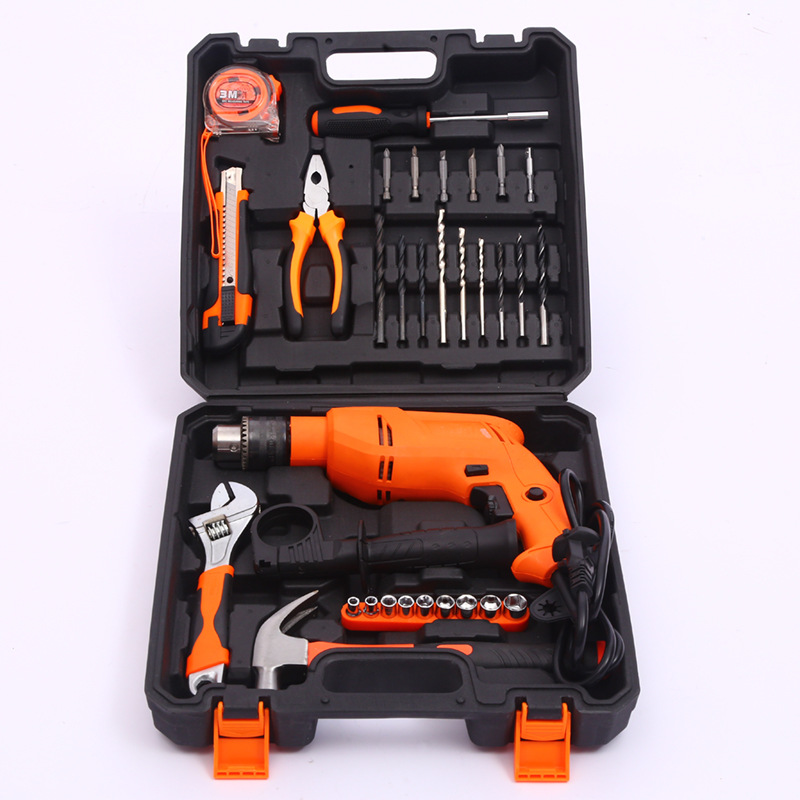 Taladro de mano para el hogar multifunción taladro de impacto traje taladro eléctrico pequeña caja de herramientas conjunto pistola de mano taladro personalización