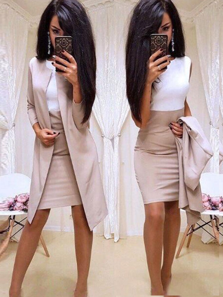 Europe America Autumn And Winter Splicing Solid Color Professional Women's Dress Set Lady Dress