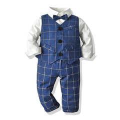Foreign Trade Kids' Clothing: Autumn Gentleman's Suit—Plaid Vest, Pure White Shirt, and Children's Trousers—Three-Piece Set Available for Drop Shipping