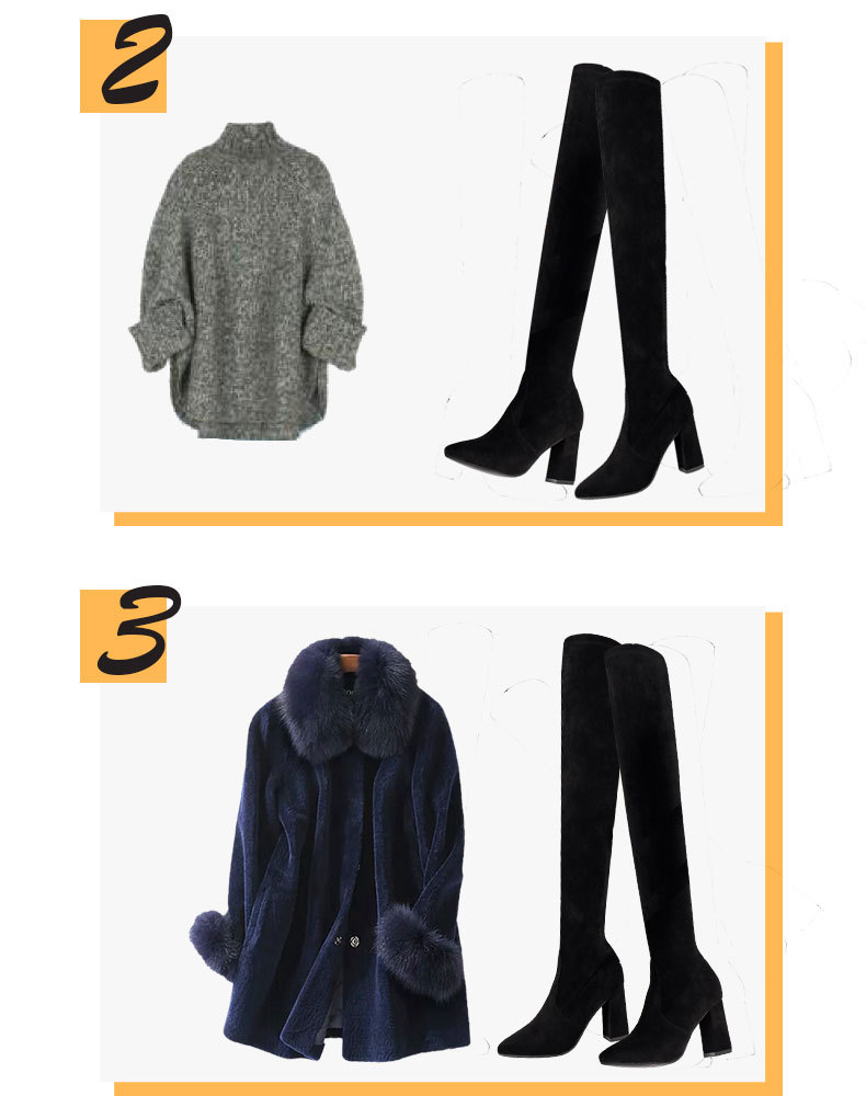 Bottes à talons hauts au-dessus du genou Bottes en daim à élastiques épais et bottes en polaire à bout pointu et élastiques_voghion.com