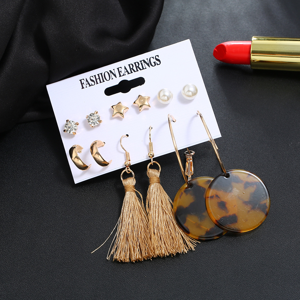Fashion Circle Leopard Tassel Pearl Five-pointed Star Six-piece Set Hot Sale Earrings display picture 2