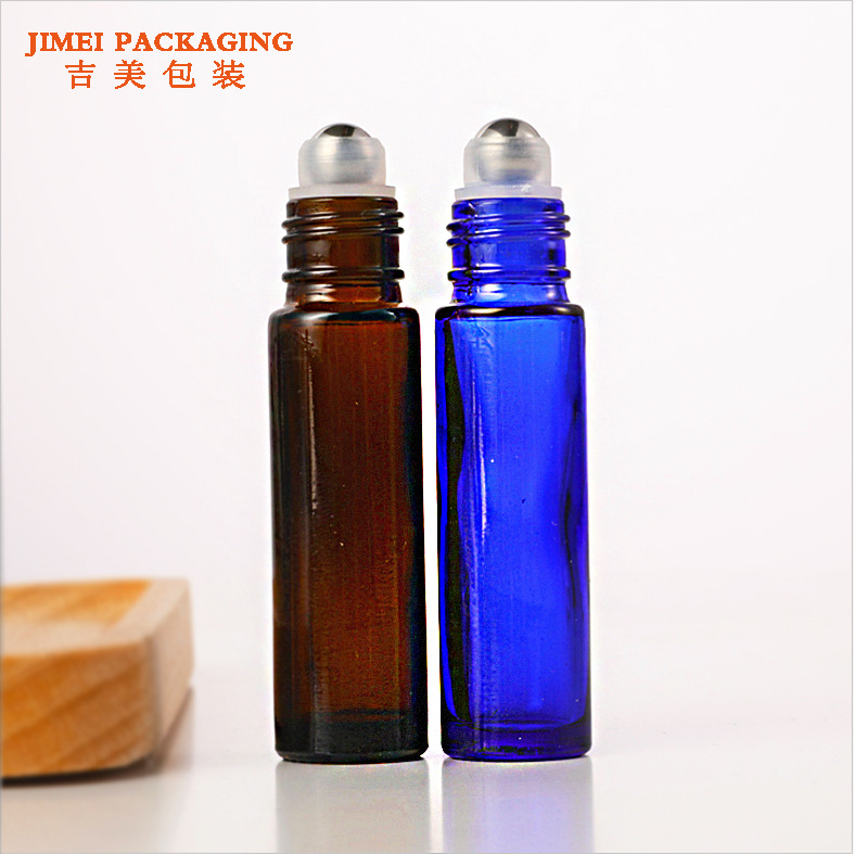10ml botella de bola de rodillo botella de aceite esencial de vidrio bola de acero inoxidable botella de aceite esencial marrón azul botella de fondo grueso de pared gruesa en stock