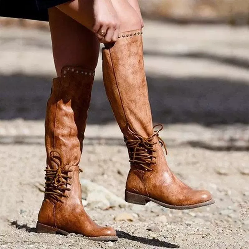 独立站外贸圆头欧美女式皮靴前系带棉靴厚保暖低跟马丁靴女鞋