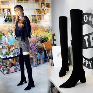 thick heel pointed suede thin slim knee high boots