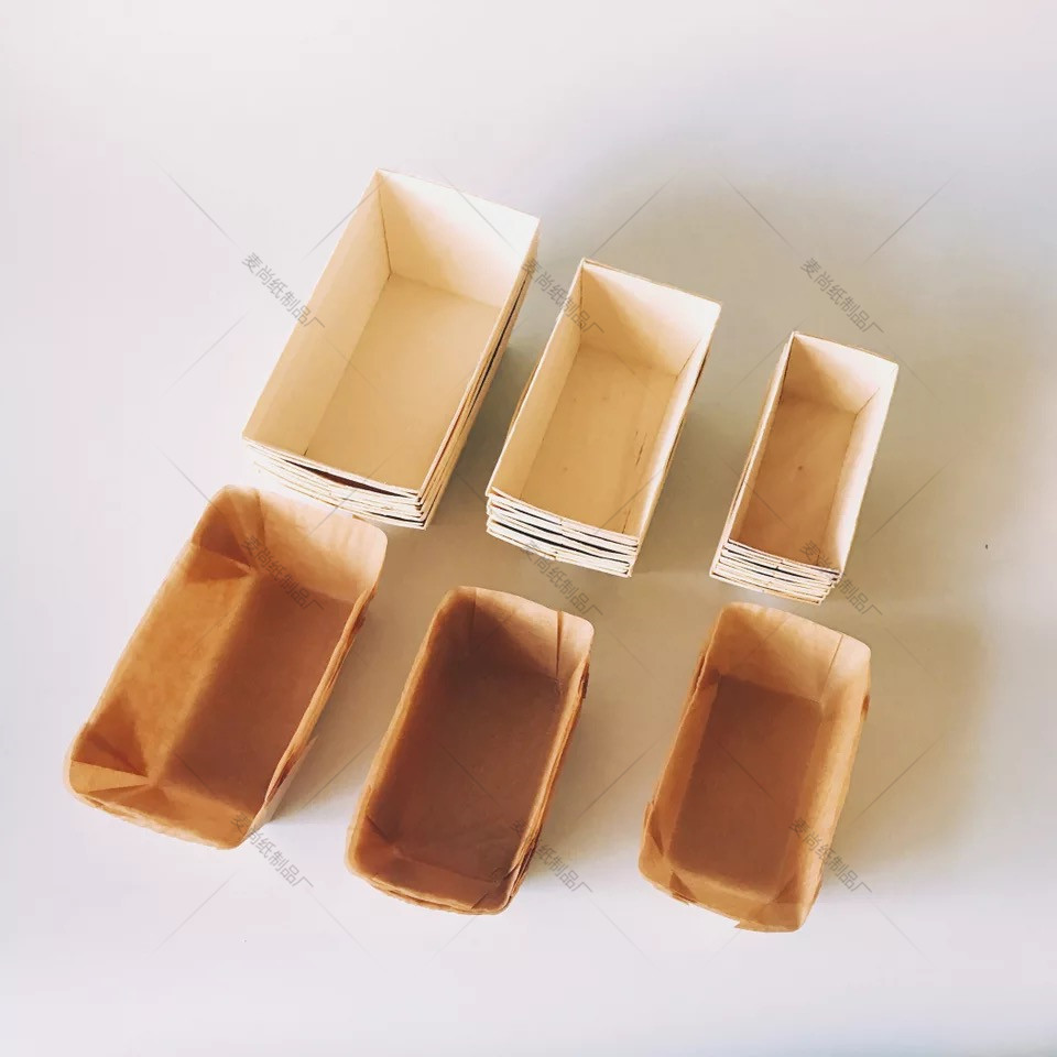 Calidad Alimentaria Resistente a altas temperaturas tamaño pequeño rectangular molde de pastel de madera hornear papel taza pastel molde de madera bandeja de madera