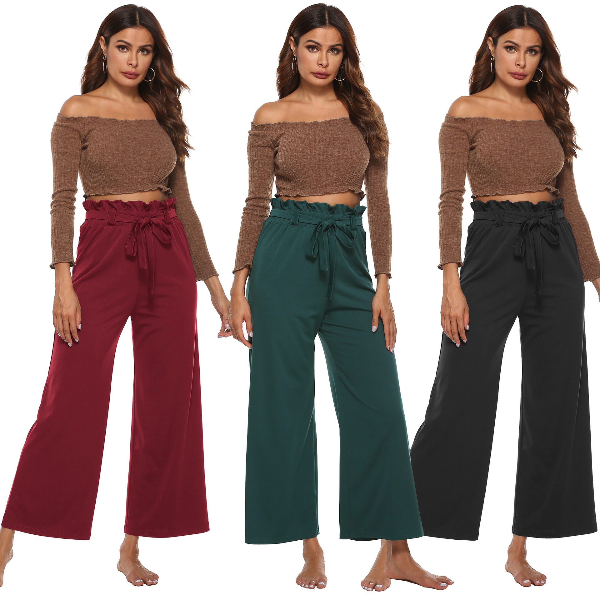 Solid color wide leg paperbag pants NSOY33774