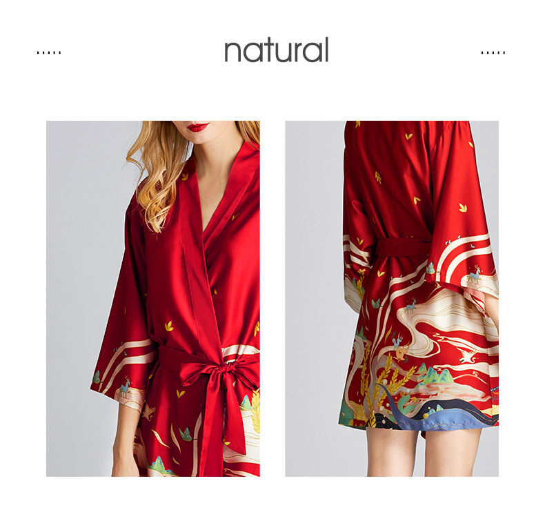 Summer  Fashion Pajamas Silk Robe Bathrobe Morning Robe Mural Printing Home Service Wholesale Nihaojewelry display picture 13