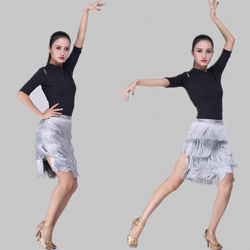 New Latin Dance Half-length Encrypted Fringe Short Skirt for Women Adult Square Dance Silver Asymmetrical Skirt Bottom Summer