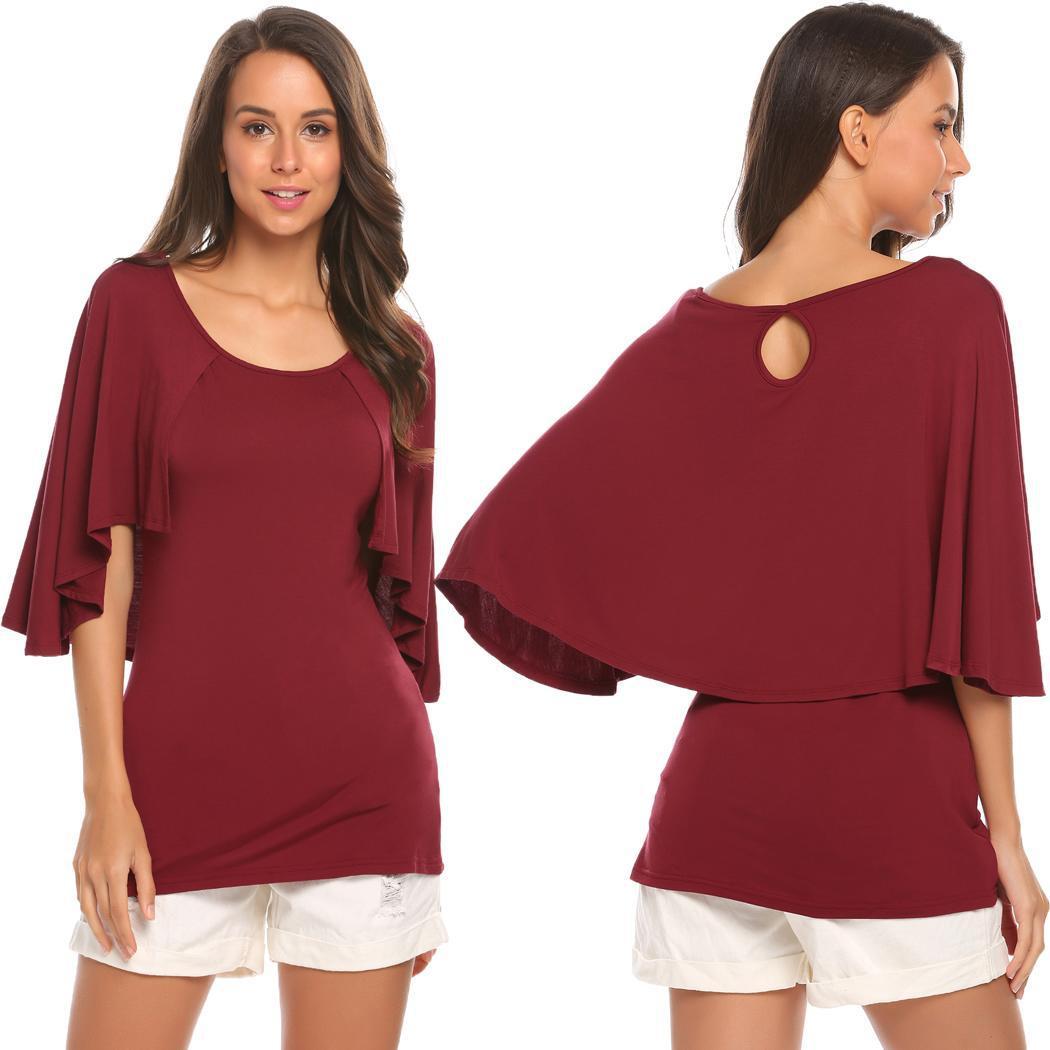 芬哲跨境亚马逊wish热卖大码T恤蝙蝠袖荷叶边披风休闲上衣