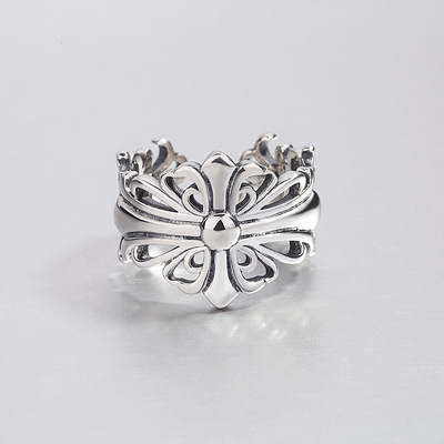 日韩S925纯银戒指女时尚个性复古做旧十字花情侣开口戒定制批发
