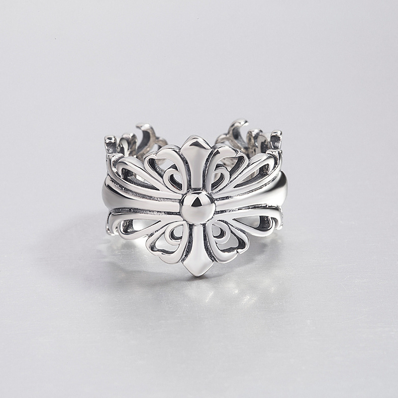 日韩S925纯银戒指女时尚个性复古做旧十字花情侣开口戒定制批发