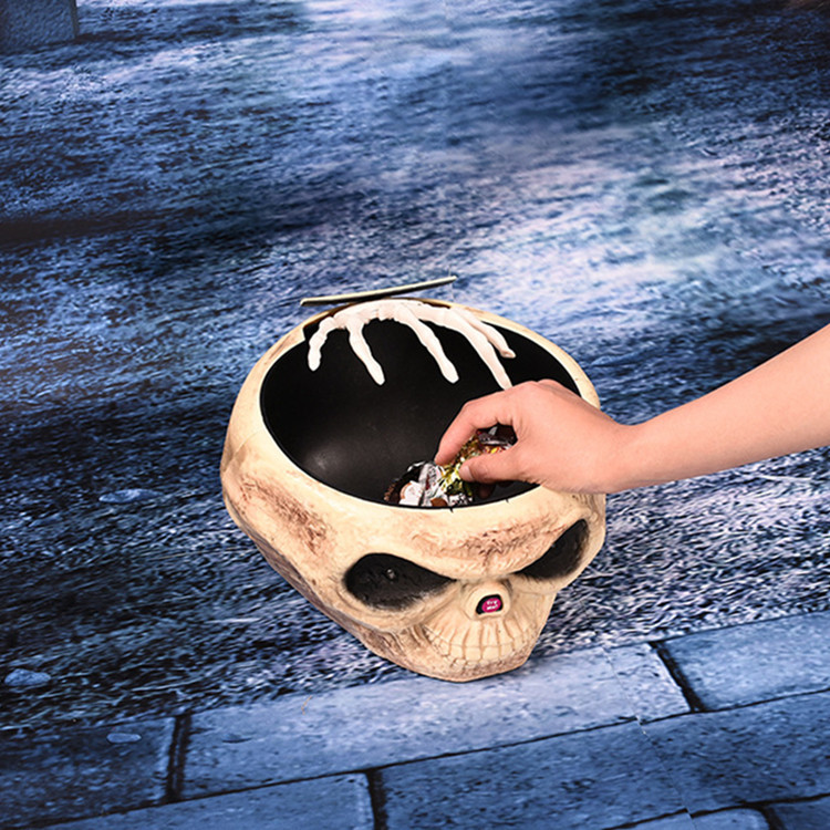Skull Head Scary Eye Halloween Candy Bowl with Moving Hand