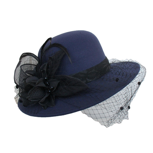 Party hats Fedoras hats for women Hepburn big brimmed woolen hat British retro felt hat mysterious mesh flower party hat