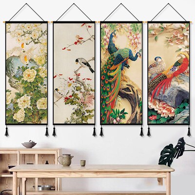 中式牡丹布藝挂畫挂簾挂布背景布臥室客廳挂毯牆布壁毯裝飾畫