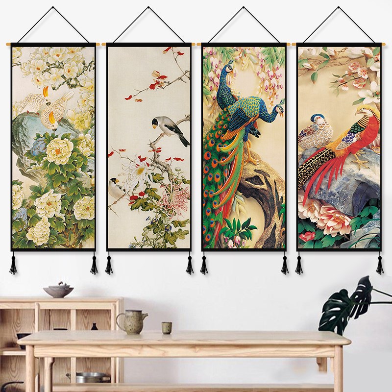 中式牡丹布藝挂畫挂簾挂布背景布臥室客廳挂毯牆布壁毯裝飾畫