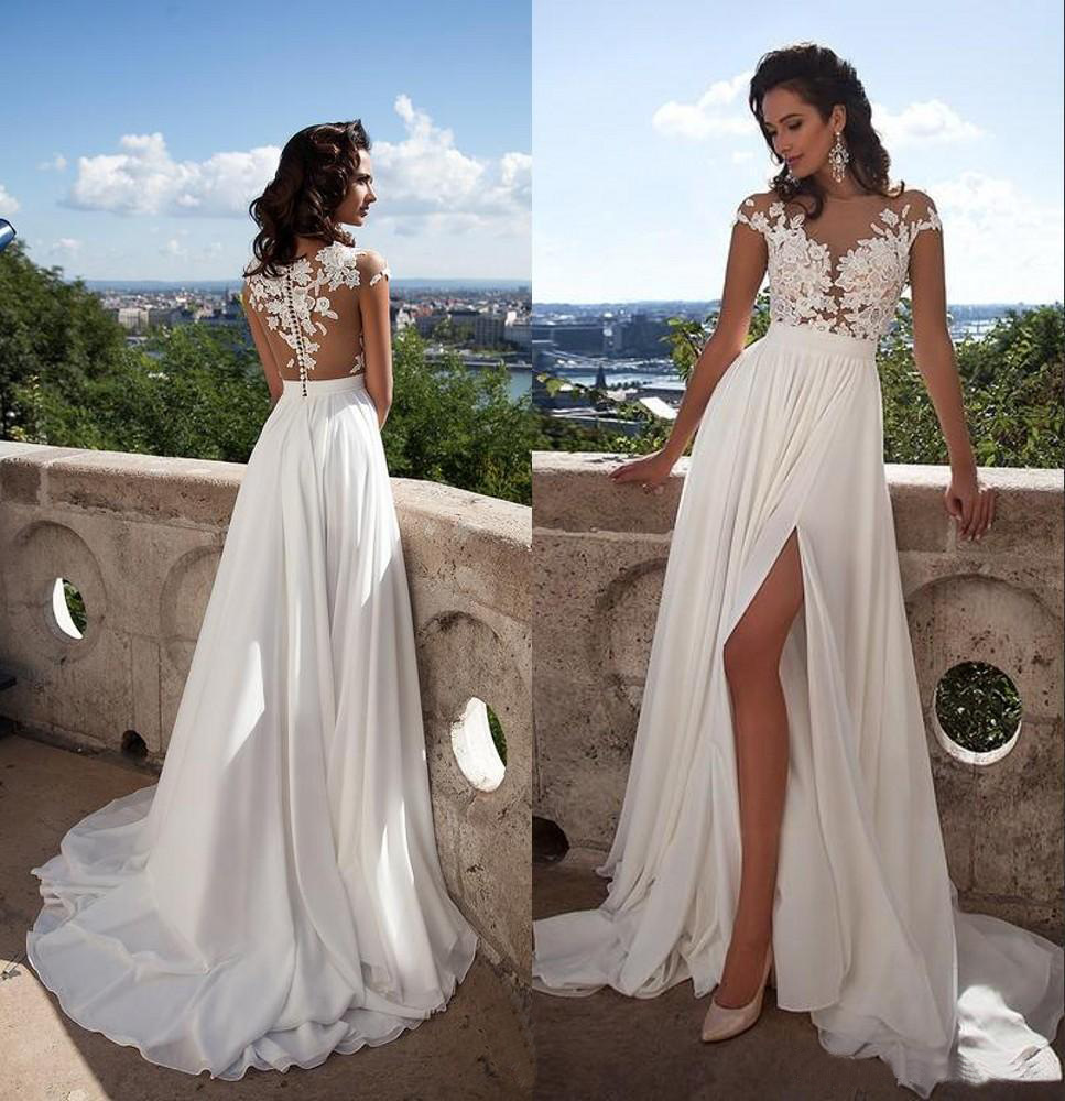 Wholesale European and American wedding dress 2019 new style show thin pack shoulder round neck perspective small tail bride Beach Dress Large Size Custom