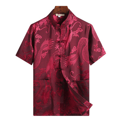 Chinese dragon kung fu uniforms Tang Suit Hanfu for man outfit man jacquard short-sleeved shirt in middle-aged hanfu silk costume Chinese style button