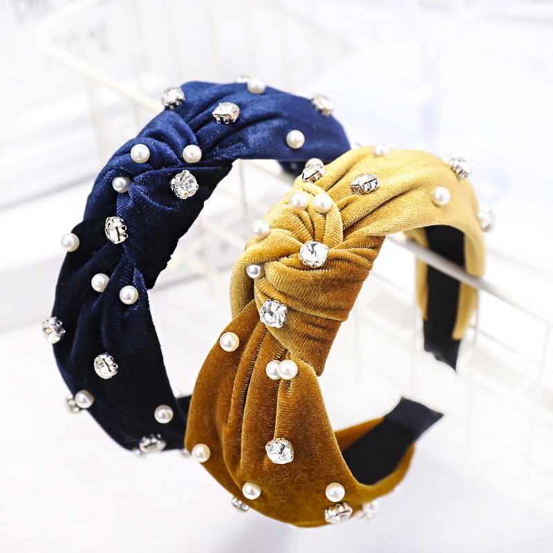 Creative New Rhinestone Pearl Hair Band Wide Edge Gold Velvet Headband Women display picture 13