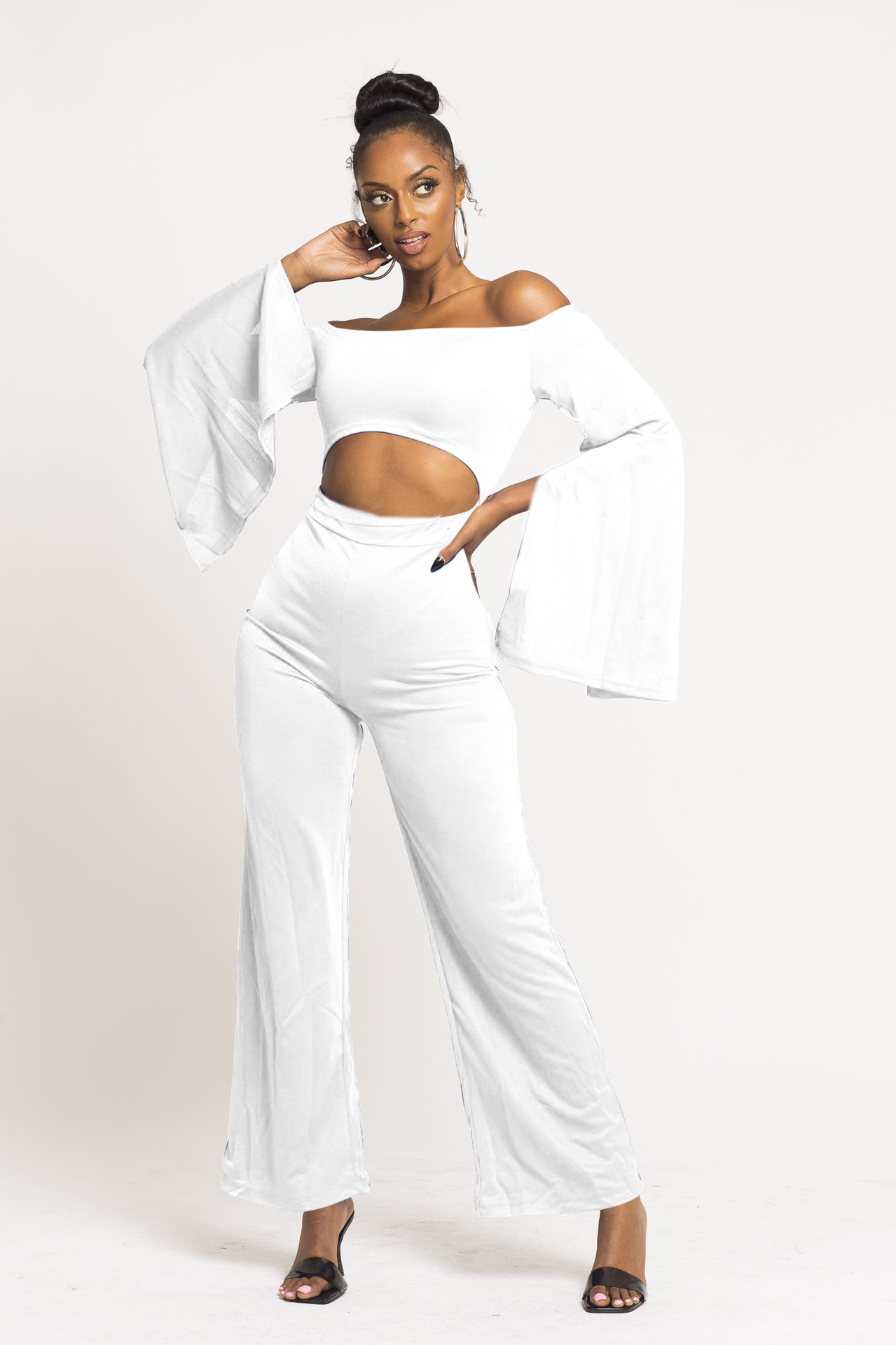 Boutique Casual Solid Color Long Sleeves Cropped off Shoulder Jumpsuit