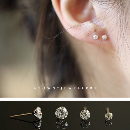 S925 sterling silver plated 14K gold stud earrings, versatile item, single diamond zircon mini Japanese and Korean small round four-prong earrings