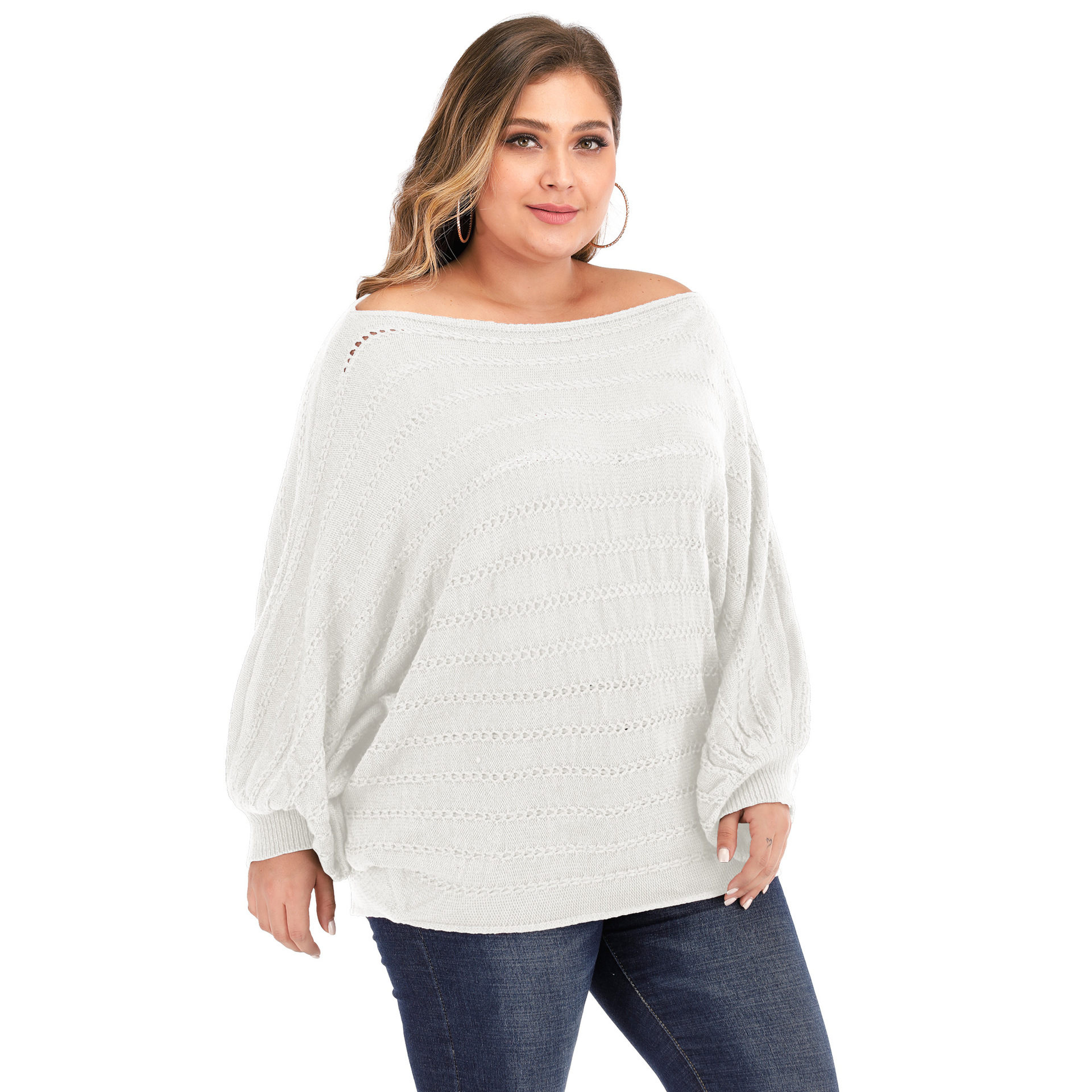 plus size bat-sleeved woven sweater  NSOY26830