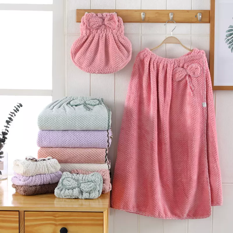 珊瑚绒抹胸浴裙套装加厚柔软菠萝格浴帽浴裙女生家居洗澡套装批发