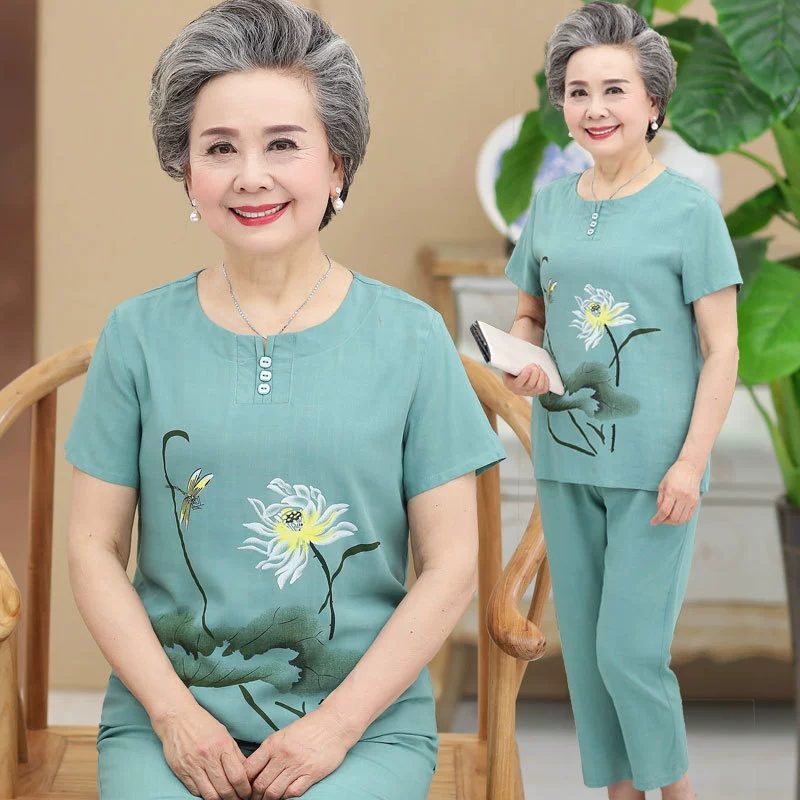 Летняя одежда для среднего и пожилого возраста, Женский костюм из хлопка и льна, 60 предметов одежды для пожилых людей, свободная футболка с короткими рукавами для бабушки, комплект из двух предметов для матери