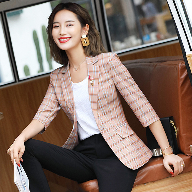 Plaid small suit jacket spring and summer seven-sleeve ladies suit 