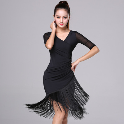 Black red fringed Latin Dance Dress Adult Women latin dance skirts dress sexy dance skirt tassel skirt dance practice dress