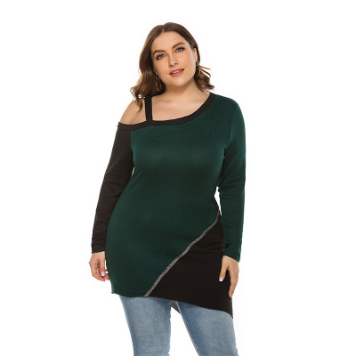 2020秋冬新款外贸欧美跨境大码女装上衣 吊带斜肩撞色长袖女上衣|ms