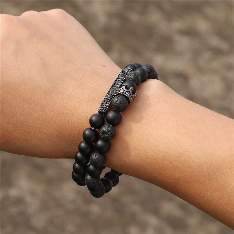 Fashion natural stone black frosted lava mixed crown long stretch bracelet setpicture2