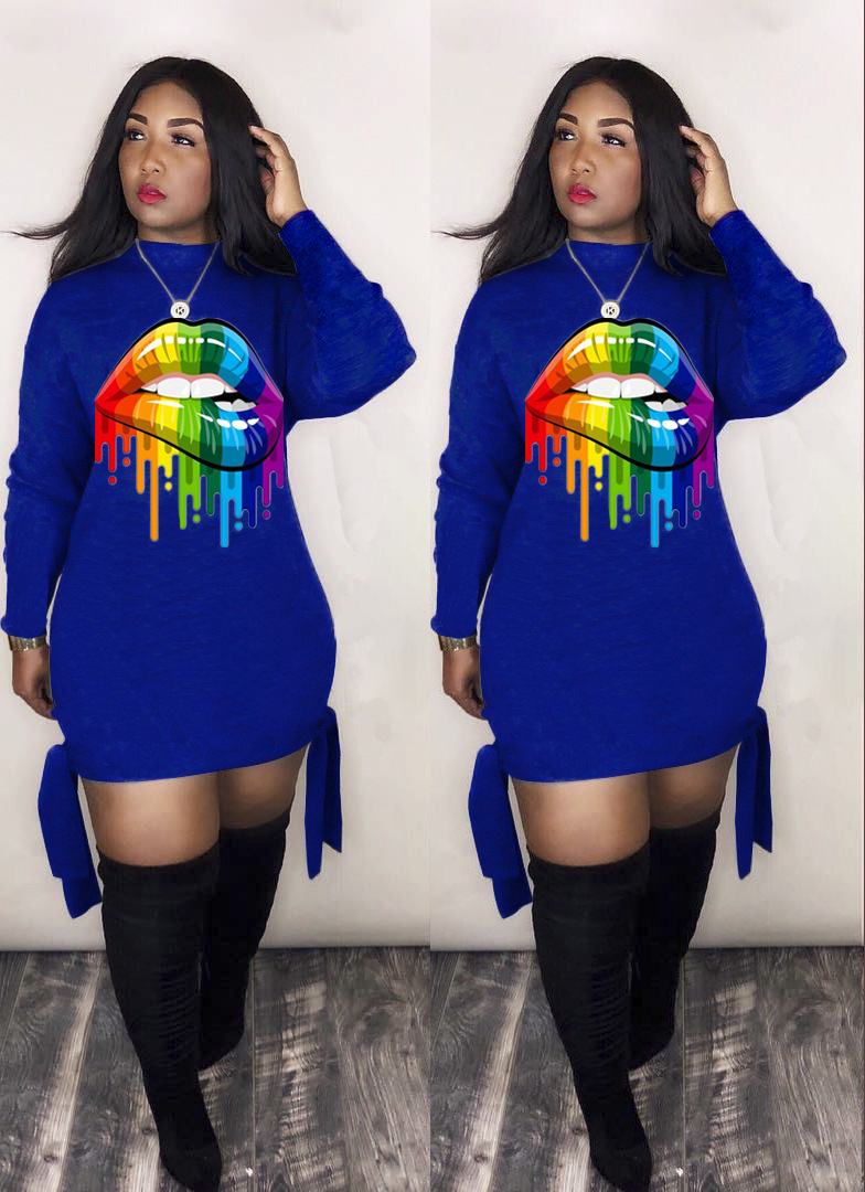 digital printing colorful lips bandage long-sleeved dress NSFZ61548