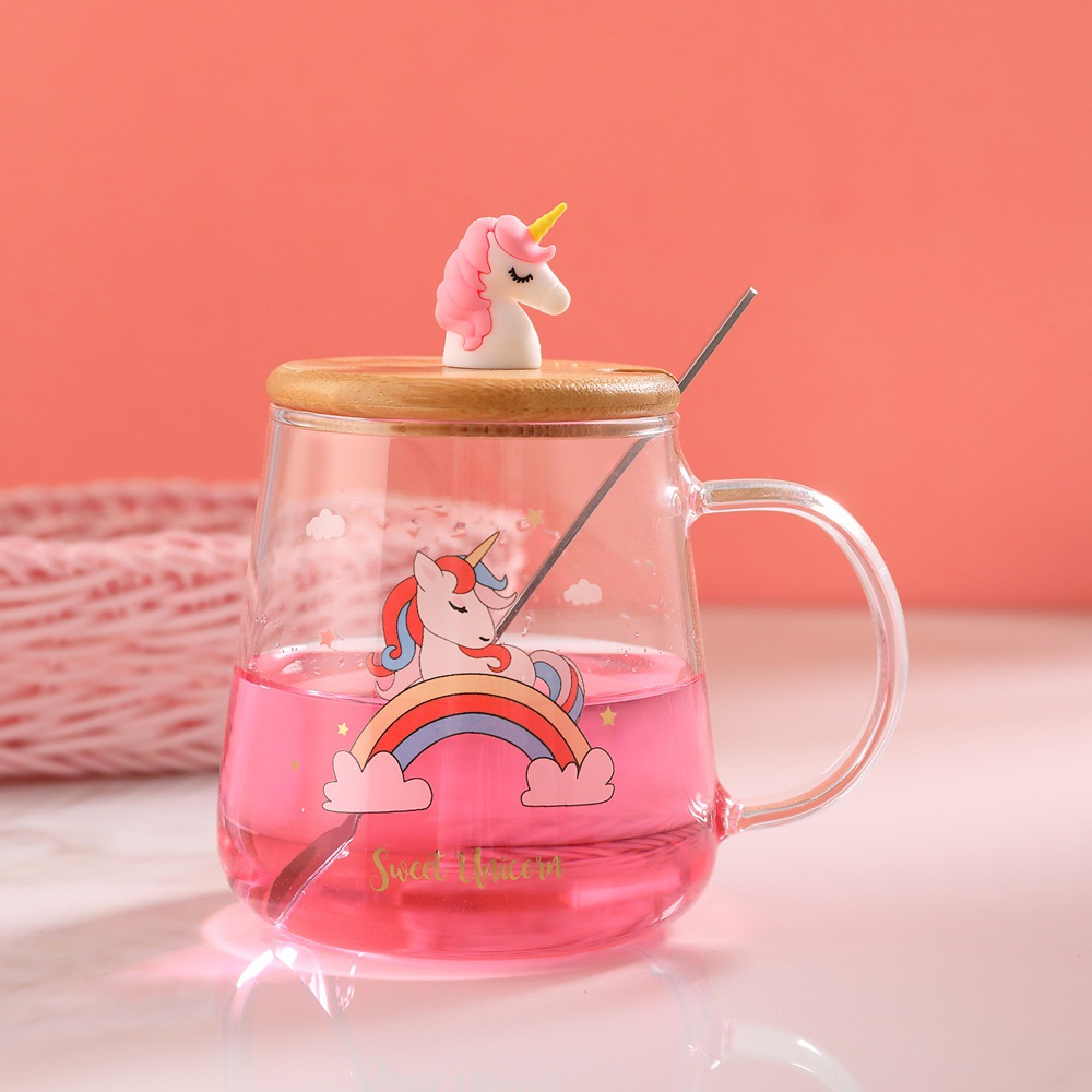 Unicornio personalizado taza transparente con tapa cuchara regalo creativo Oficina lindo beber