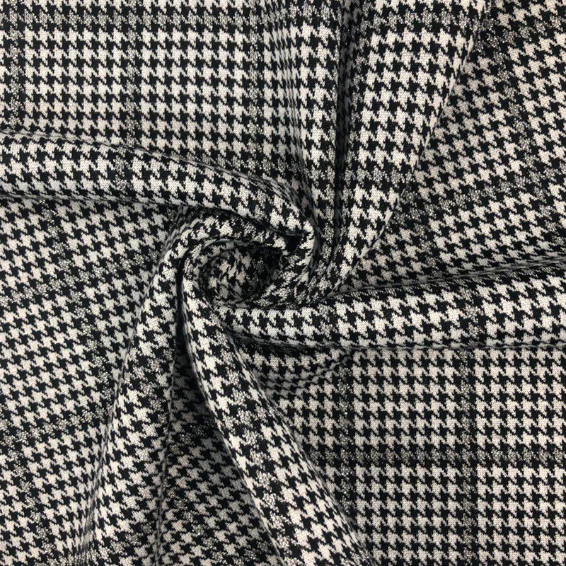 厂家直供 针织涤氨色织银丝千鸟格  女装时装面料