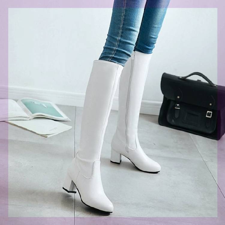 Foot Curb 2019 Spring and Autumn New Chunky Heel High Heel Riding Boots Leather Boots Long Boots Women's Boots White Women's Shoes