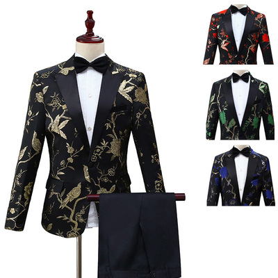 men's jazz dance suit blazers Studio themed men suit set woodpecker jacquard West emcee stage performance singer performance Costume
