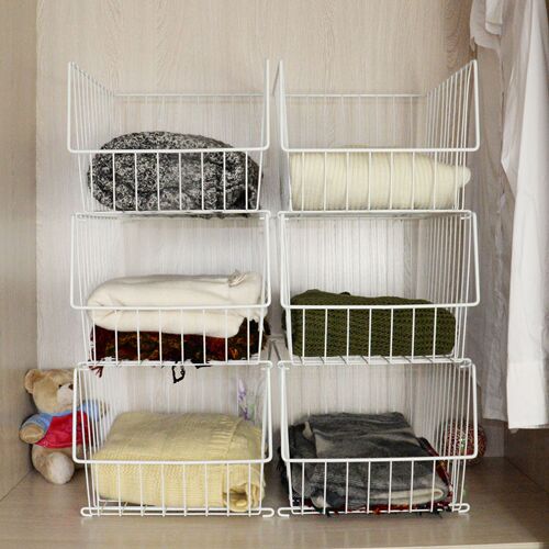 Wardrobe storage hanging bags, hanging storage baskets, shelving units, layered dividers for clothes, in-cabinet clothing organizers.