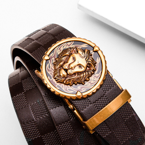Lion buckle first layer genuine leather men's belt automatic buckle belt cowhide antique casual pants belt wholesale