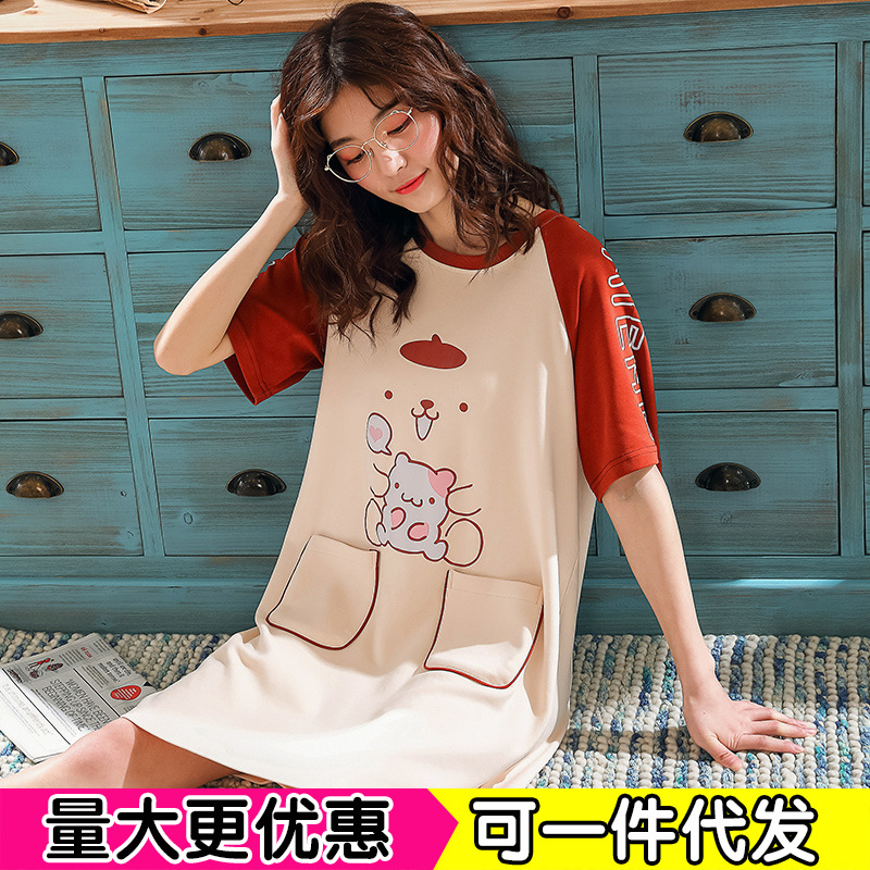 睡裙女士夏季針織棉短袖連衣裙韓版休閑可愛夏天薄款睡衣壹件代發